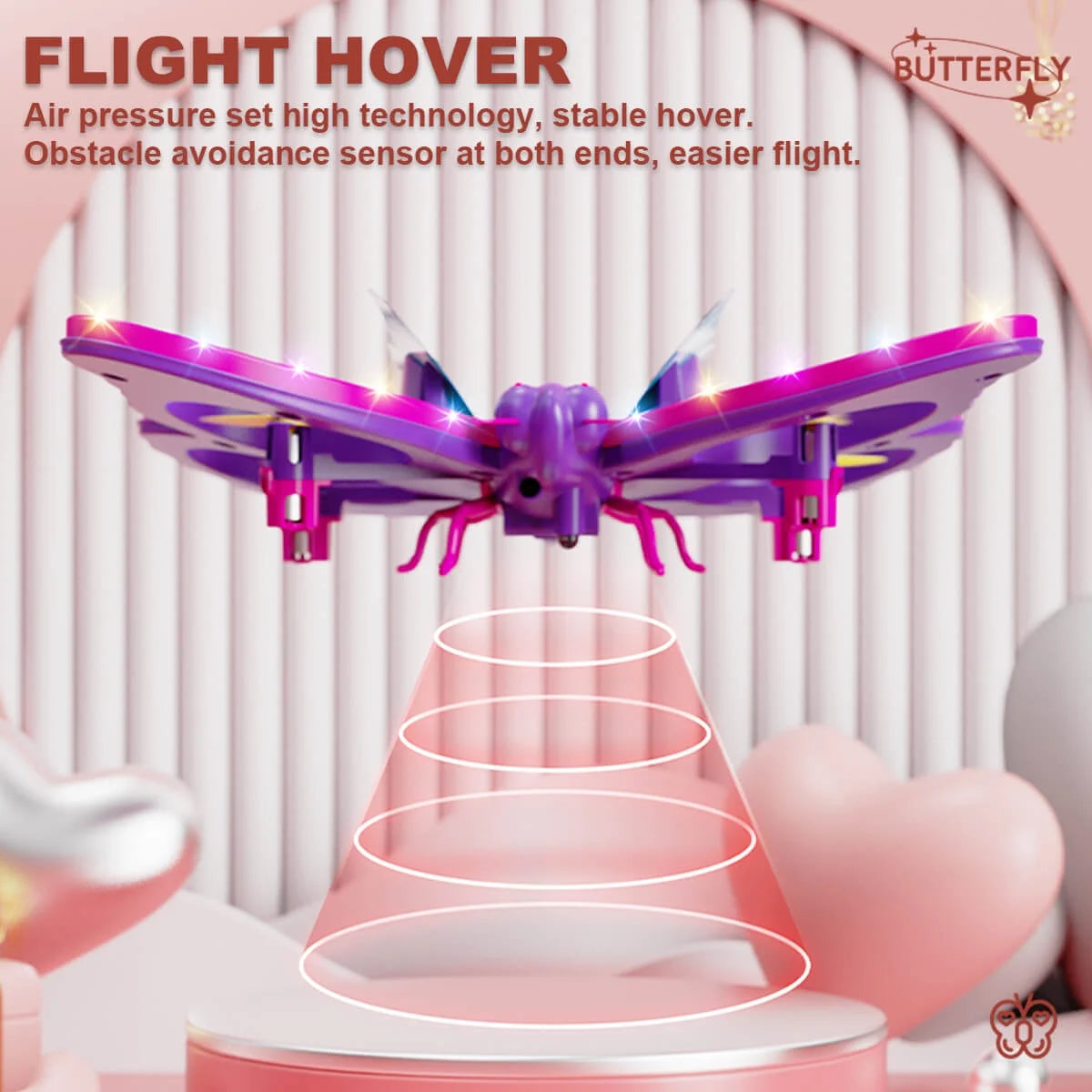 Jiakora Remote Control Butterfly Drone for Kids with Colorful Lights, 2.4GHz RC Flying Toy with 3D Flip, Gravity Sensing, Altitude Hold, 2 Batteries 20 Mins Play, Pink Mini Quadcopter, Ideal Gift for