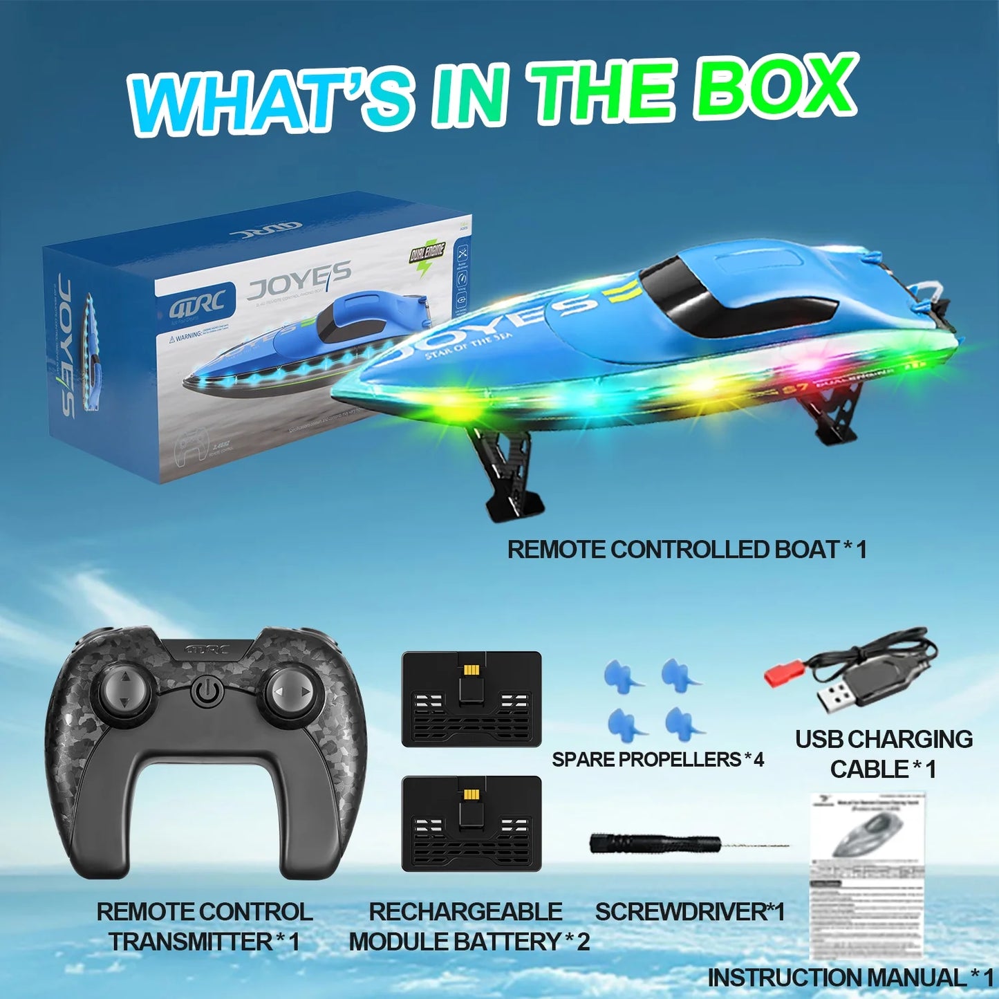 Jiakora RC Boat with LED Lights for Adults & Kids, 2.4G Remote Control Racing Boats for Pools and Lakes, Waterproof with 2 Rechargeable Battery, Capsize Recovery, Water Toy Gifts for 6+ Boys Girls