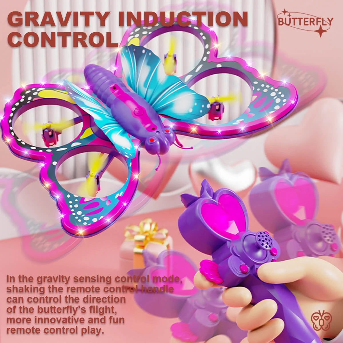 Jiakora Remote Control Butterfly Drone for Kids with Colorful Lights, 2.4GHz RC Flying Toy with 3D Flip, Gravity Sensing, Altitude Hold, 2 Batteries 20 Mins Play, Pink Mini Quadcopter, Ideal Gift for
