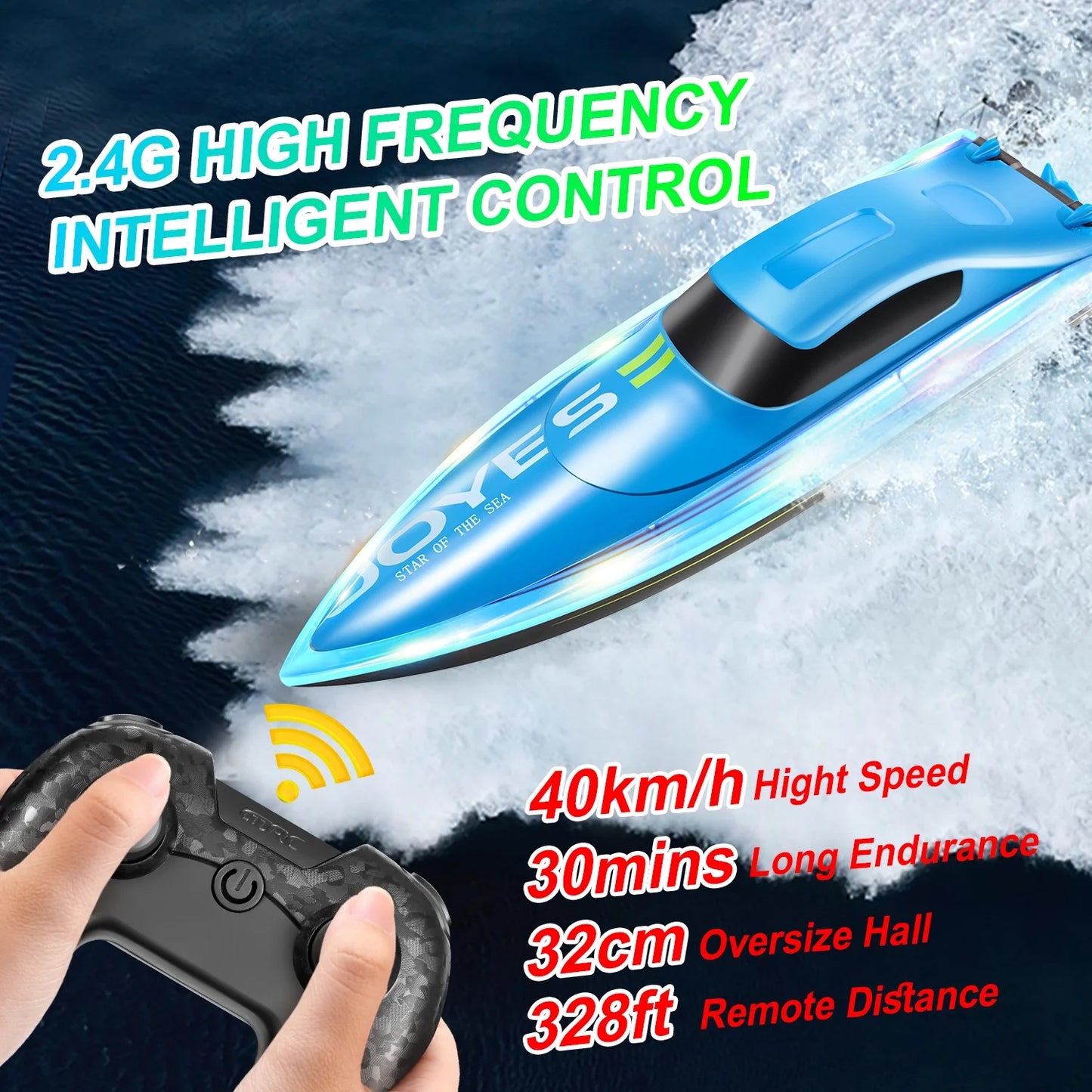 Jiakora RC Boat with LED Lights for Adults & Kids, 2.4G Remote Control Racing Boats for Pools and Lakes, Waterproof with 2 Rechargeable Battery, Capsize Recovery, Water Toy Gifts for 6+ Boys Girls