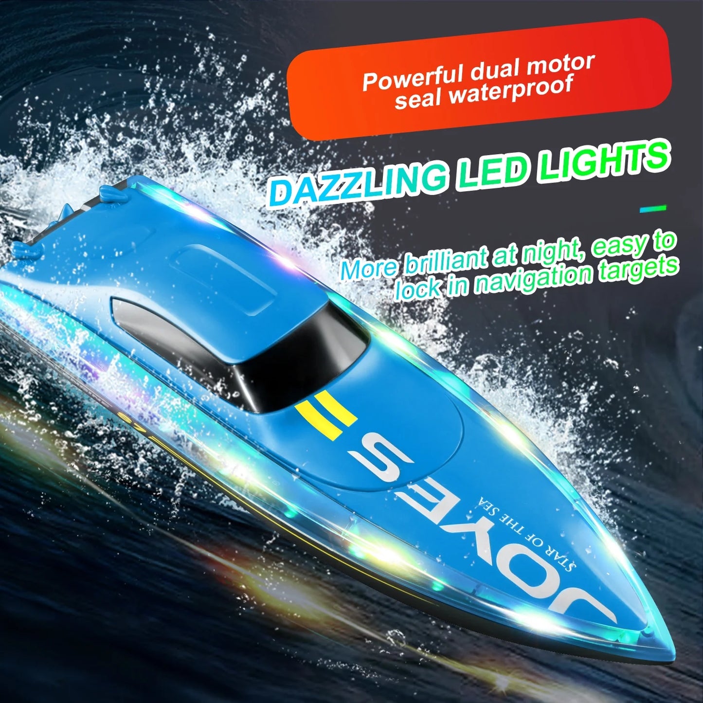 Jiakora RC Boat with LED Lights for Adults & Kids, 2.4G Remote Control Racing Boats for Pools and Lakes, Waterproof with 2 Rechargeable Battery, Capsize Recovery, Water Toy Gifts for 6+ Boys Girls