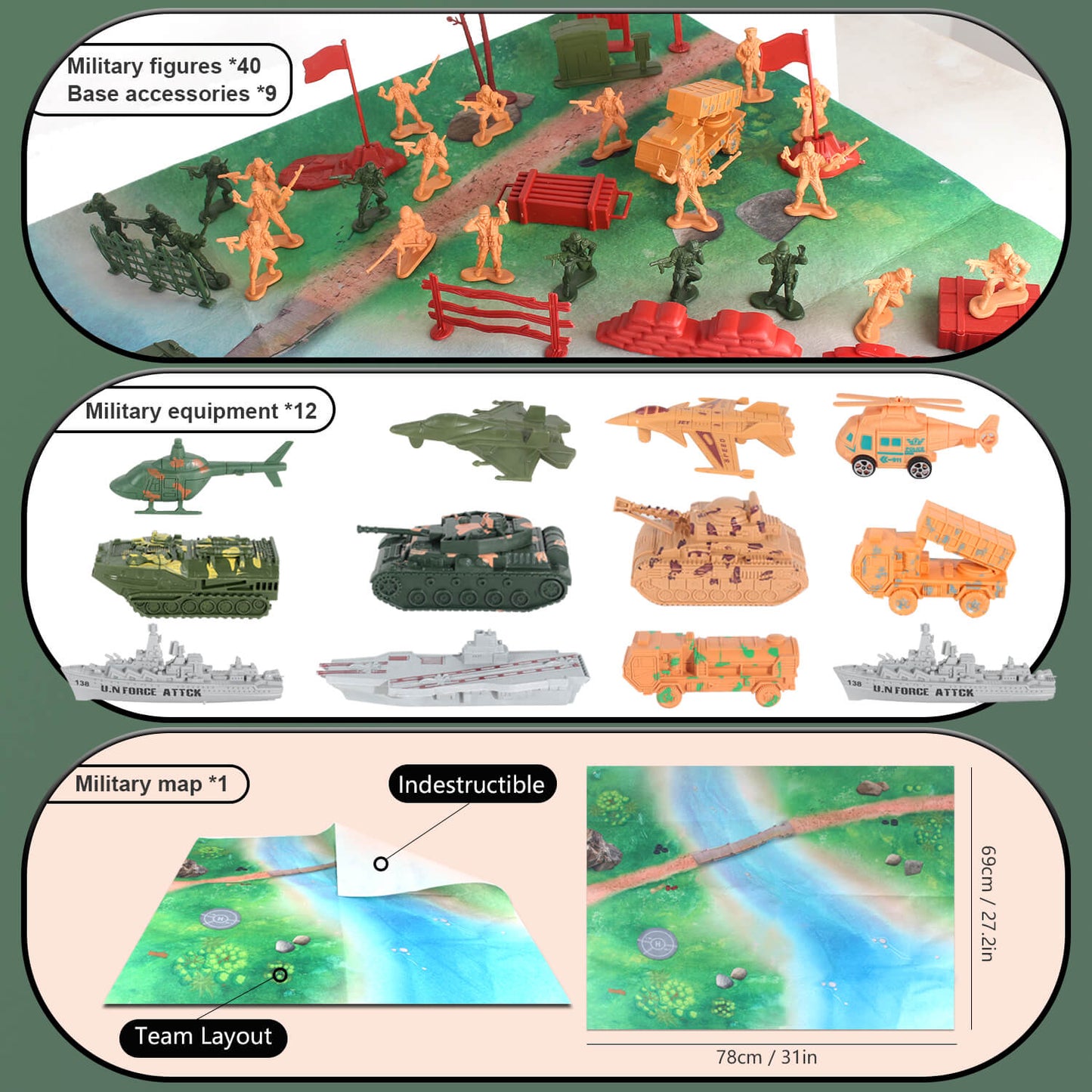 Jiakora Army Men Toys Large Battle Playset - Includes Military Action Figures, Battle Mat, Vehicles, Tanks, Aircrafts & Boats, Pretend Army Base Accessories, Mini Military Playsets Toys for Boys 4-12