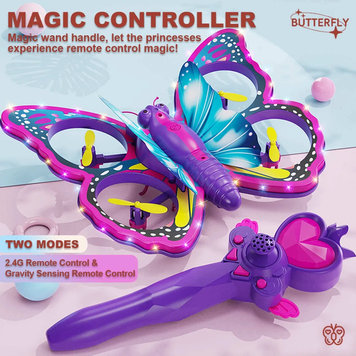 Jiakora Remote Control Butterfly Drone for Kids with Colorful Lights, 2.4GHz RC Flying Toy with 3D Flip, Gravity Sensing, Altitude Hold, 2 Batteries 20 Mins Play, Pink Mini Quadcopter, Ideal Gift for