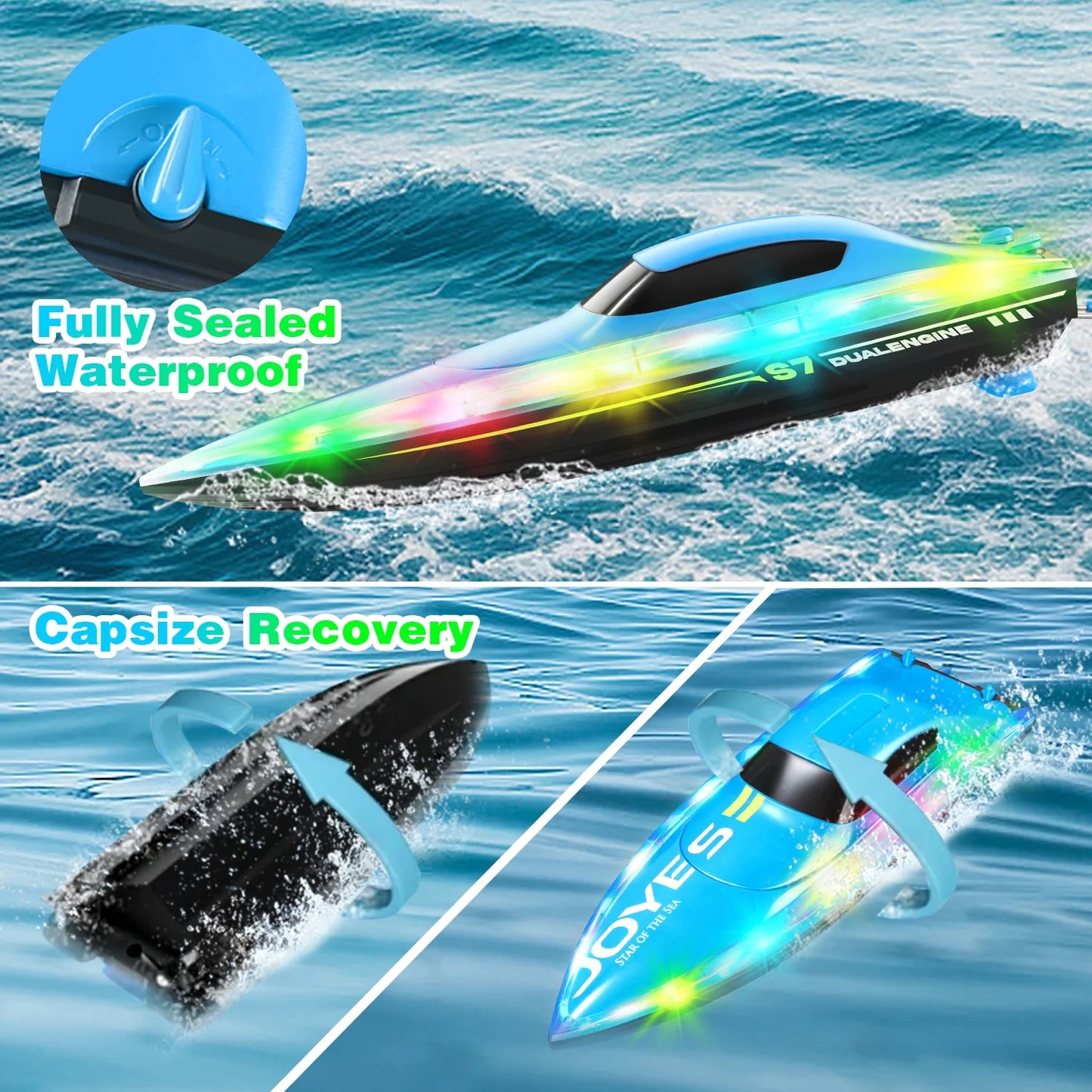 Jiakora RC Boat with LED Lights for Adults & Kids, 2.4G Remote Control Racing Boats for Pools and Lakes, Waterproof with 2 Rechargeable Battery, Capsize Recovery, Water Toy Gifts for 6+ Boys Girls