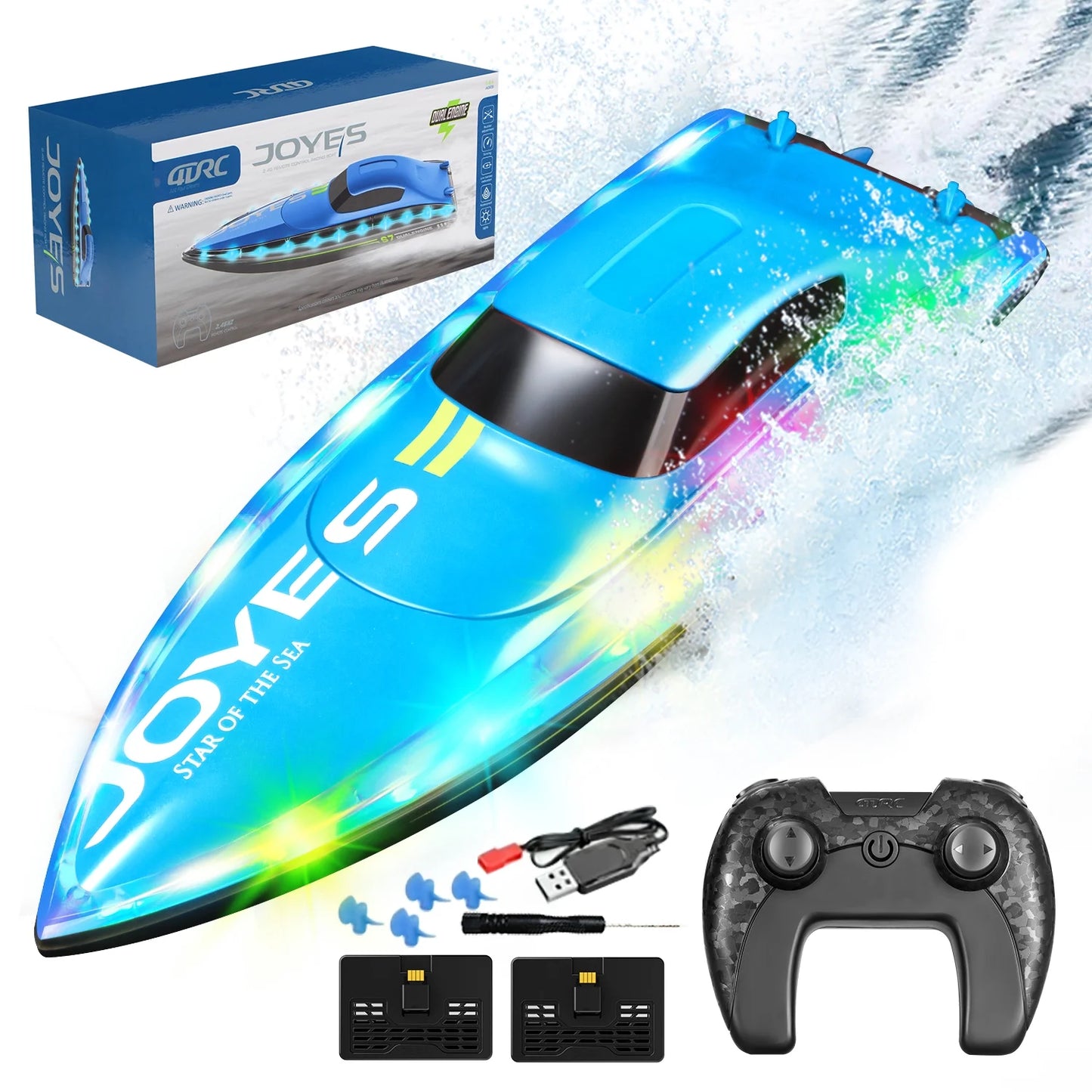 Jiakora RC Boat with LED Lights for Adults & Kids, 2.4G Remote Control Racing Boats for Pools and Lakes, Waterproof with 2 Rechargeable Battery, Capsize Recovery, Water Toy Gifts for 6+ Boys Girls