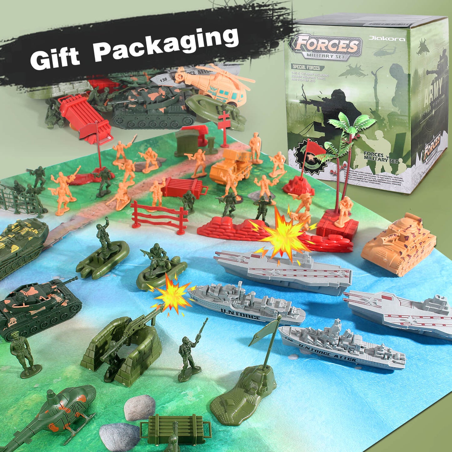 Jiakora Army Men Toys Large Battle Playset - Includes Military Action Figures, Battle Mat, Vehicles, Tanks, Aircrafts & Boats, Pretend Army Base Accessories, Mini Military Playsets Toys for Boys 4-12