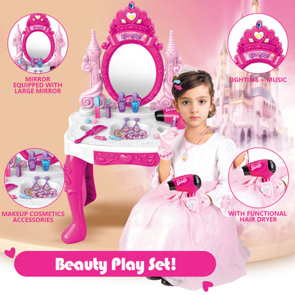 Jiakora Toddler Vanity Makeup Table with Mirror and Chair, Kids Pretend Play Vanity Set with Accessories and Lights and Music for 2-5 Years Old, Pink