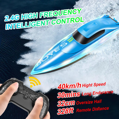 Jiakora RC Boat with LED Lights for Adults & Kids, 2.4G Remote Control Racing Boats for Pools and Lakes, Waterproof with 2 Rechargeable Battery, Capsize Recovery, Water Toy Gifts for 6+ Boys Girls