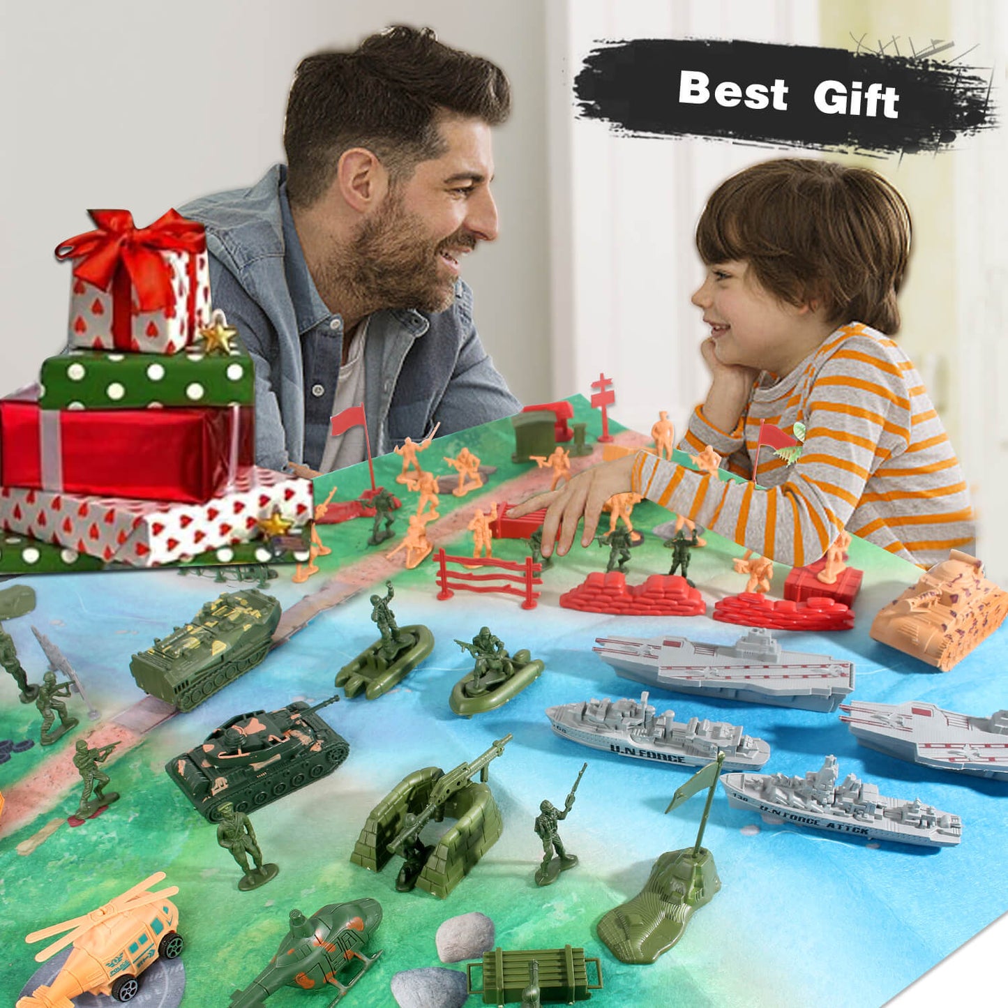 Jiakora Army Men Toys Large Battle Playset - Includes Military Action Figures, Battle Mat, Vehicles, Tanks, Aircrafts & Boats, Pretend Army Base Accessories, Mini Military Playsets Toys for Boys 4-12