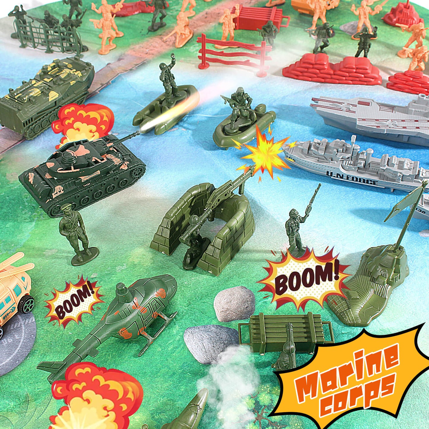 Jiakora Army Men Toys Large Battle Playset - Includes Military Action Figures, Battle Mat, Vehicles, Tanks, Aircrafts & Boats, Pretend Army Base Accessories, Mini Military Playsets Toys for Boys 4-12