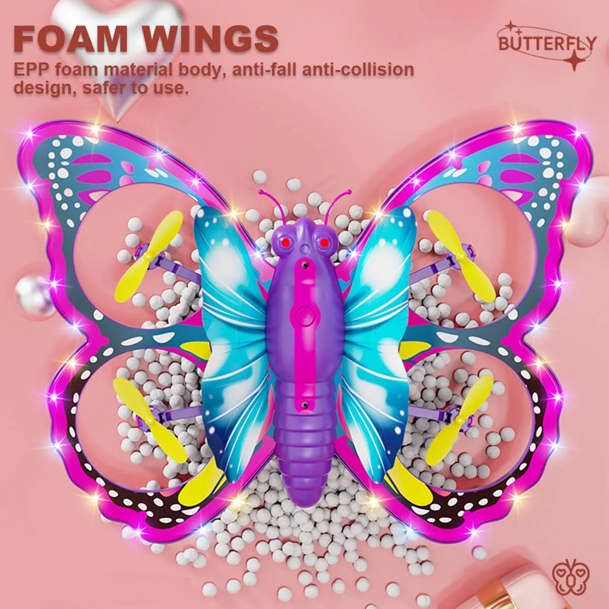 Jiakora Remote Control Butterfly Drone for Kids with Colorful Lights, 2.4GHz RC Flying Toy with 3D Flip, Gravity Sensing, Altitude Hold, 2 Batteries 20 Mins Play, Pink Mini Quadcopter, Ideal Gift for